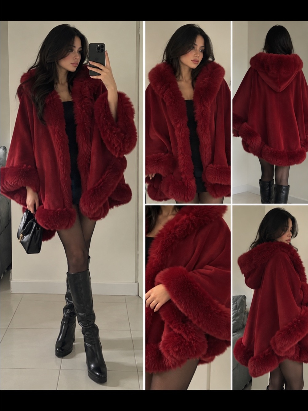 Hooded Faux-Fur Trim Plush Cape Shrug - Deep RedNWT